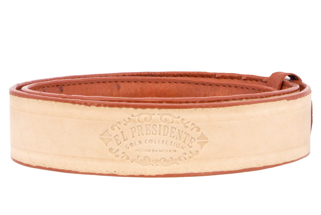 Mens Cognac Ostrich Quill Print Leather Western Cowboy Belt X408419
