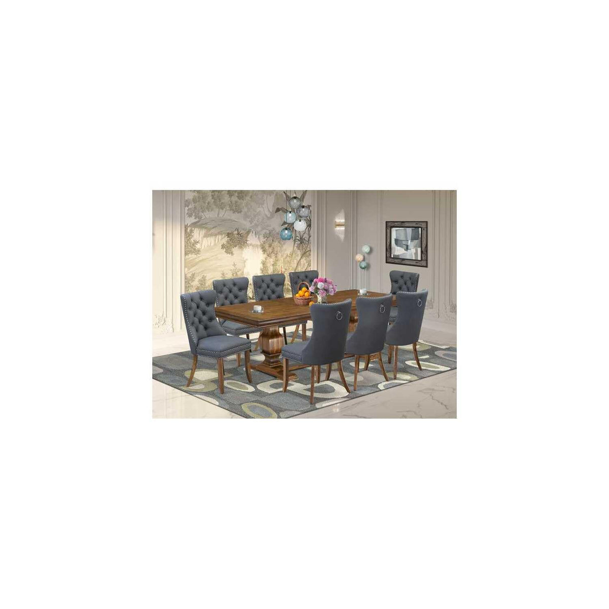 9 Piece Modern Dining Table Set with 8 Gray PU Leather Chairs Y430