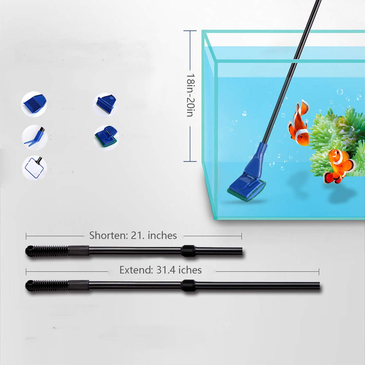 5 In 1 Aquarium Cleaning Tools Kit with Adjustable Length Rod P970485