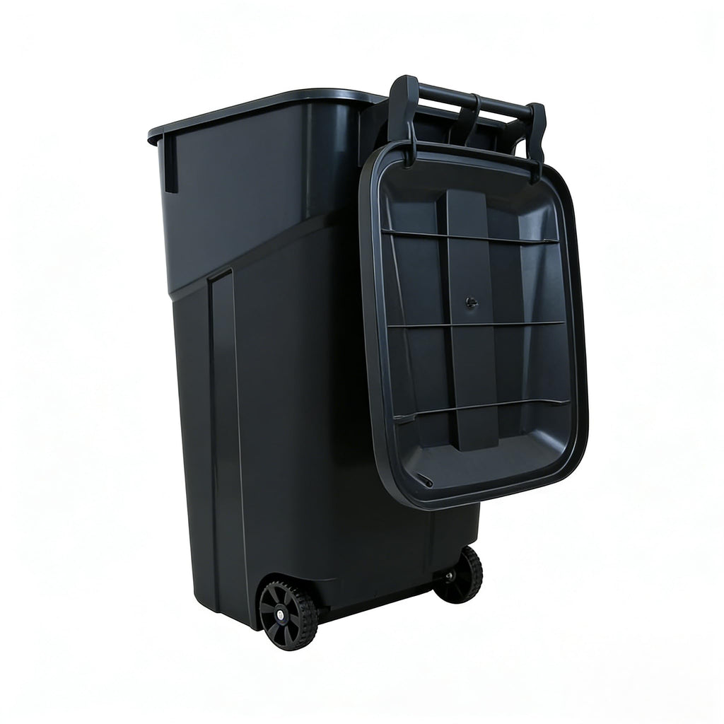 Black 32 Gallon Wheeled Heavy Duty Plastic Trash Can with Attached Lid Y752309