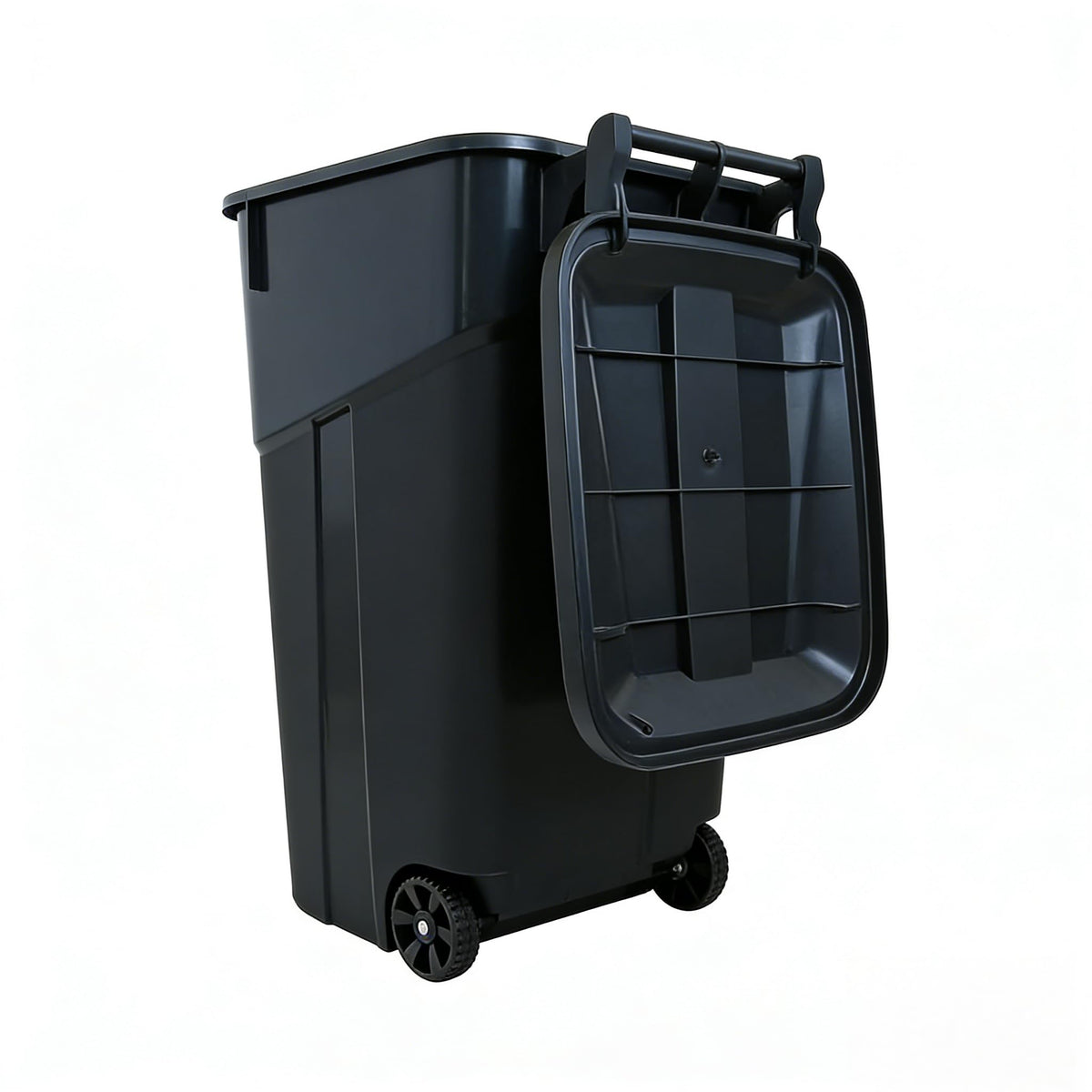 Black 32 Gallon Wheeled Heavy Duty Plastic Trash Can with Attached Lid Y752309