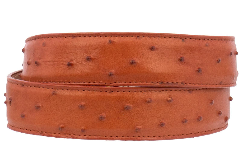 Mens Cognac Ostrich Quill Print Leather Western Cowboy Belt X408419