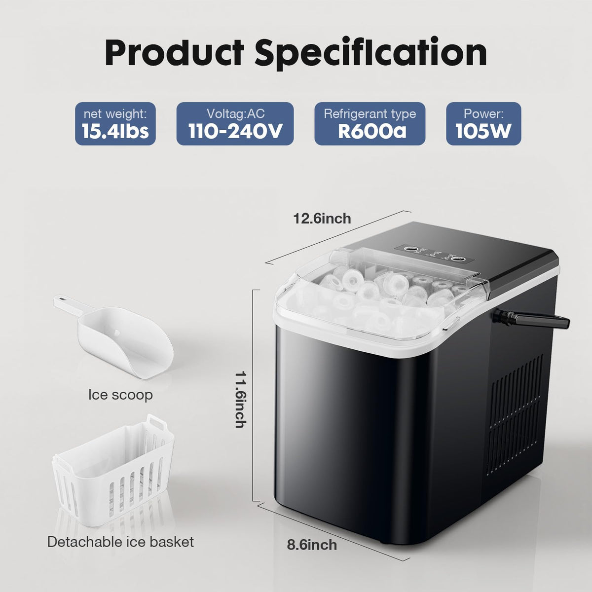 Portable Countertop Ice Maker with Scoop and Basket, 26.5lbs, Coal Black J2927