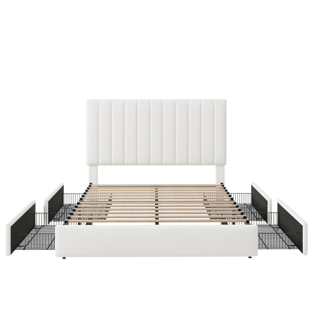 White Velvet Queen Size Storage Bed Frame with 4 Underbed Drawers F4220