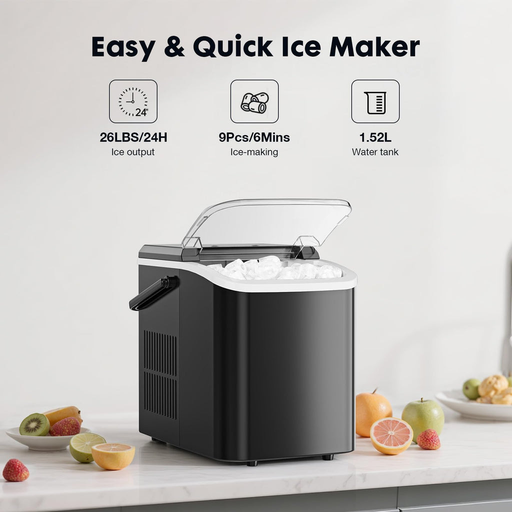 Portable Countertop Ice Maker with Scoop and Basket, 26.5lbs, Coal Black J2927