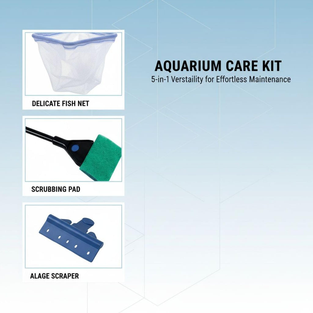 5 in 1 Aquarium Cleaning Kit with Algae Scraper Gravel Rake Fish Net and Brush U62924