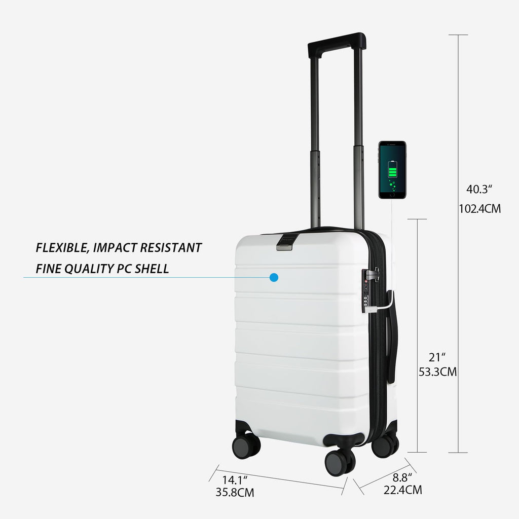 Hardside Expandable Carry On Luggage with Spinner Wheels, TSA Lock, USB Port, 20-Inch, White D375