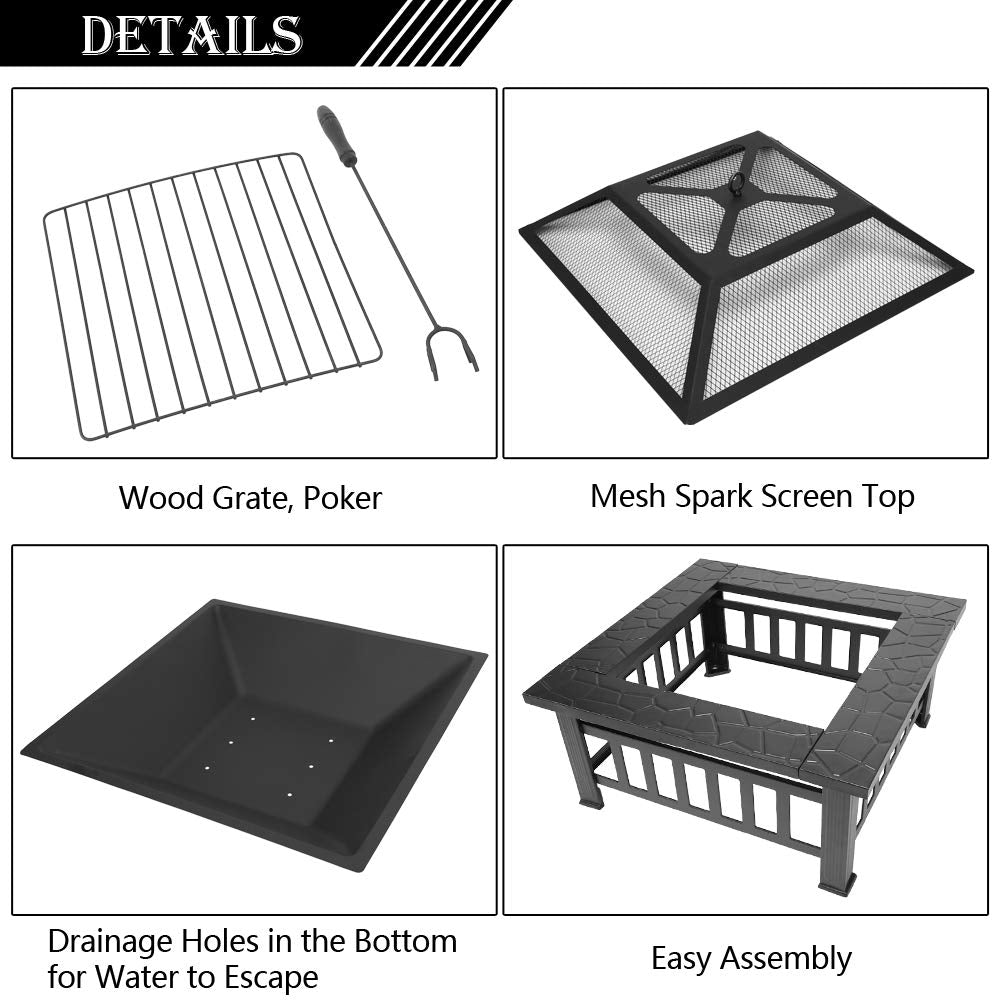 32” Metal Square Wood Burning Fire Pit W32396