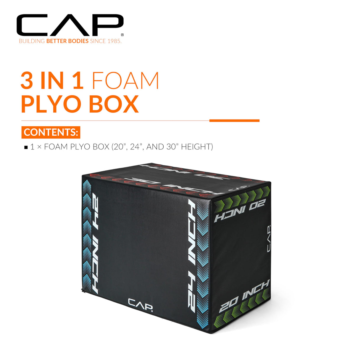 3-in-1 Foam Plyometric Jump Box, 20/24/28-Inch Heights, Black N981794