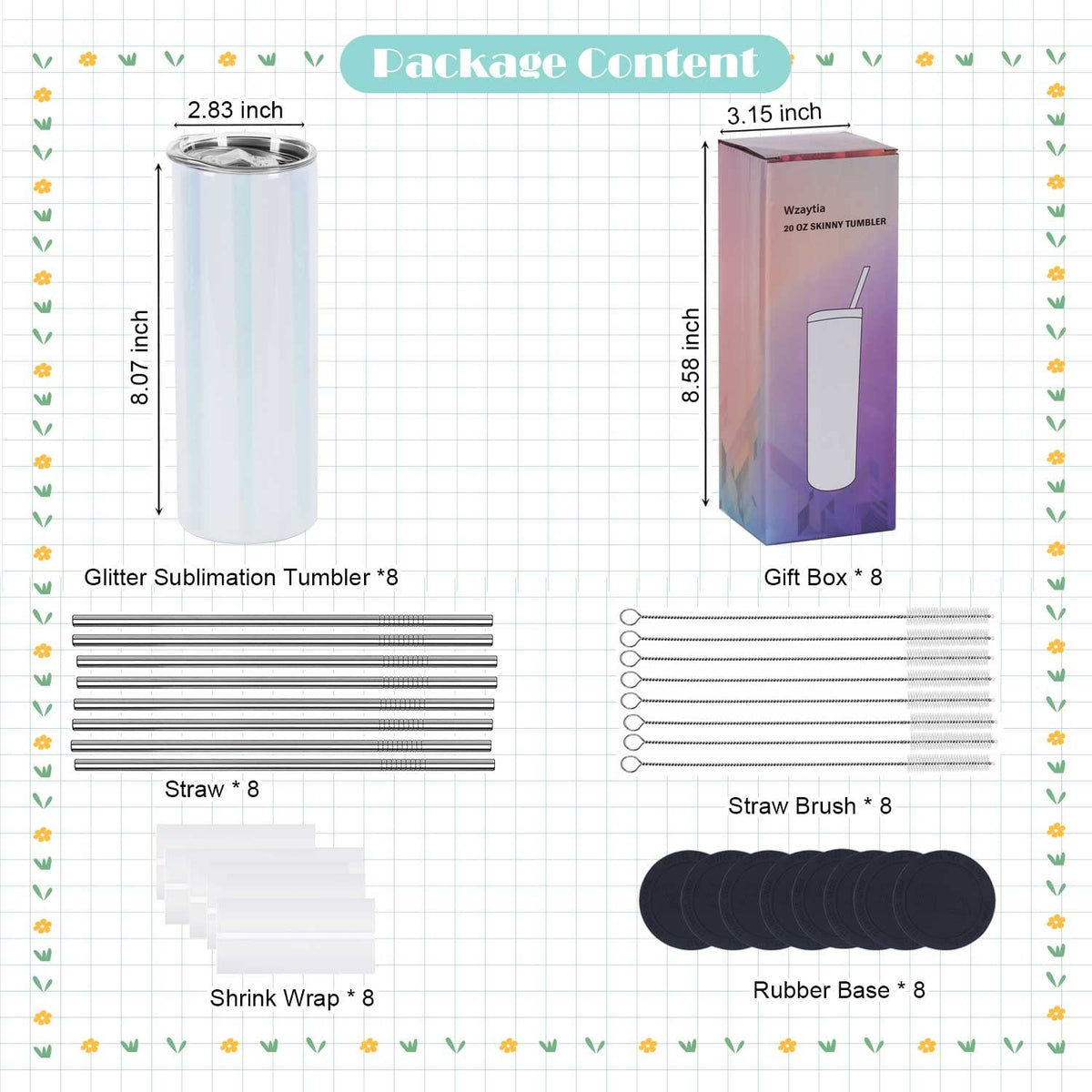 20 Oz 8 Pack Stainless Steel Glitter Sublimation Tumblers R502