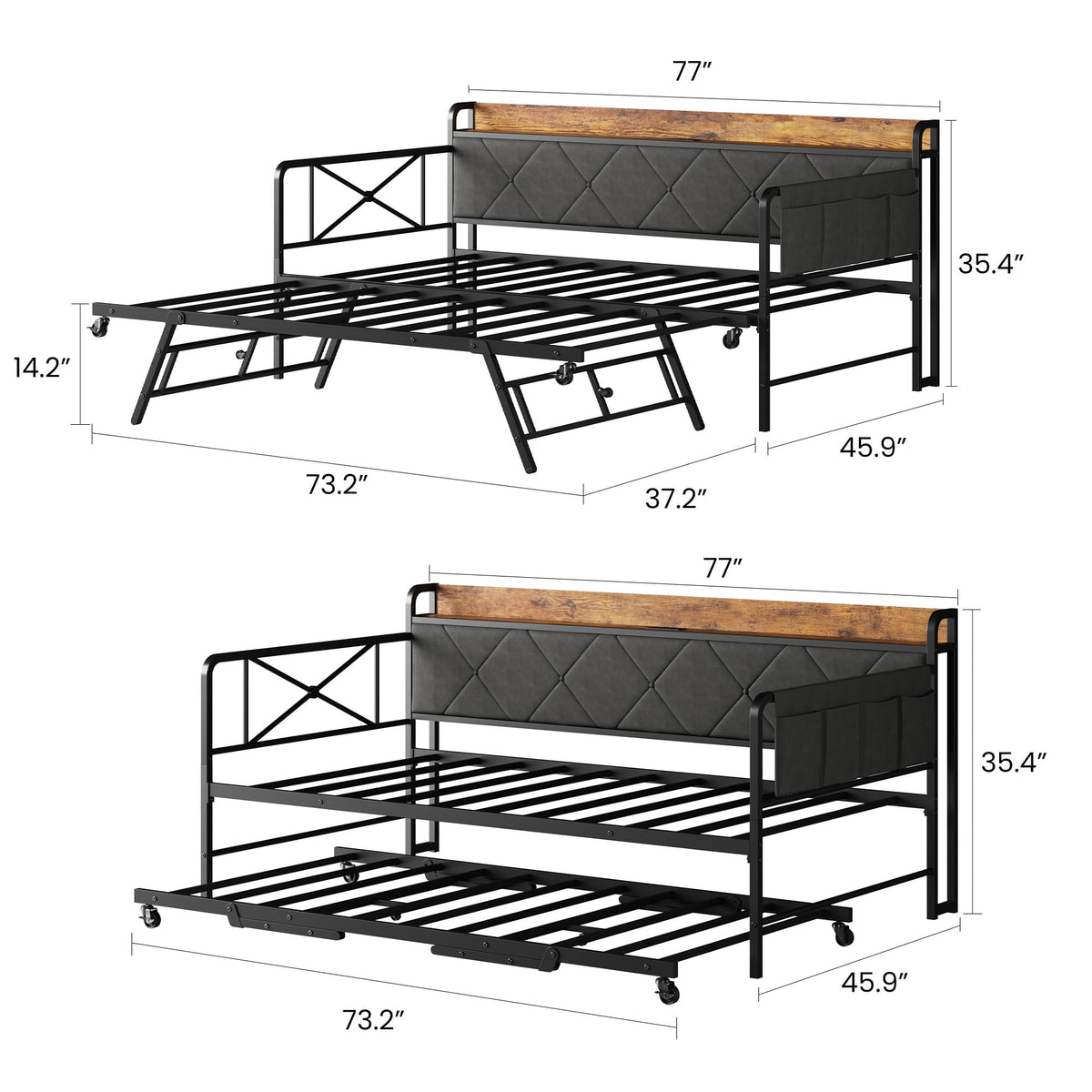 Twin Daybed with Upholstered Headboard and Trundle, Black P16610