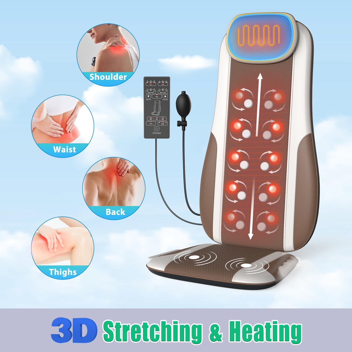 Shiatsu Back Massager with Heat, 2 Vibration Motors, PU Leather I606