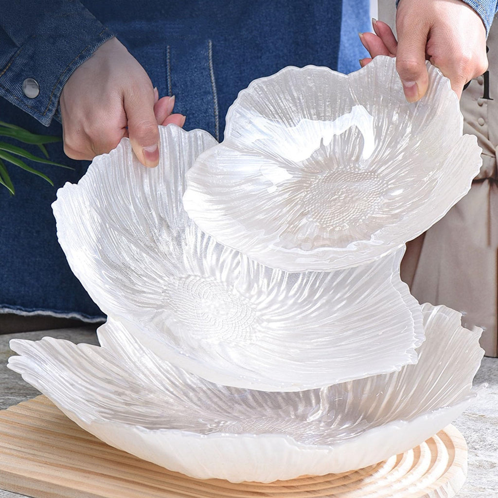 Fruit Bowl Flower Shape Fruit Plate 3 Sets Crystal Glass Pearlescent White W147