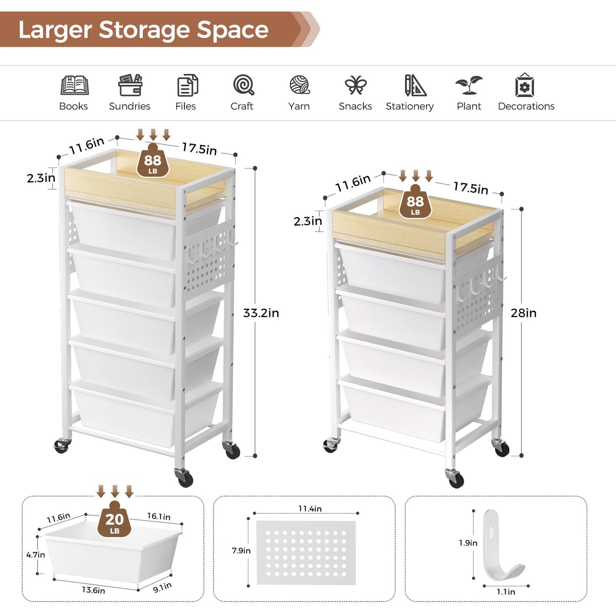 5 Tier Rolling Cart with Drawers, White E71930