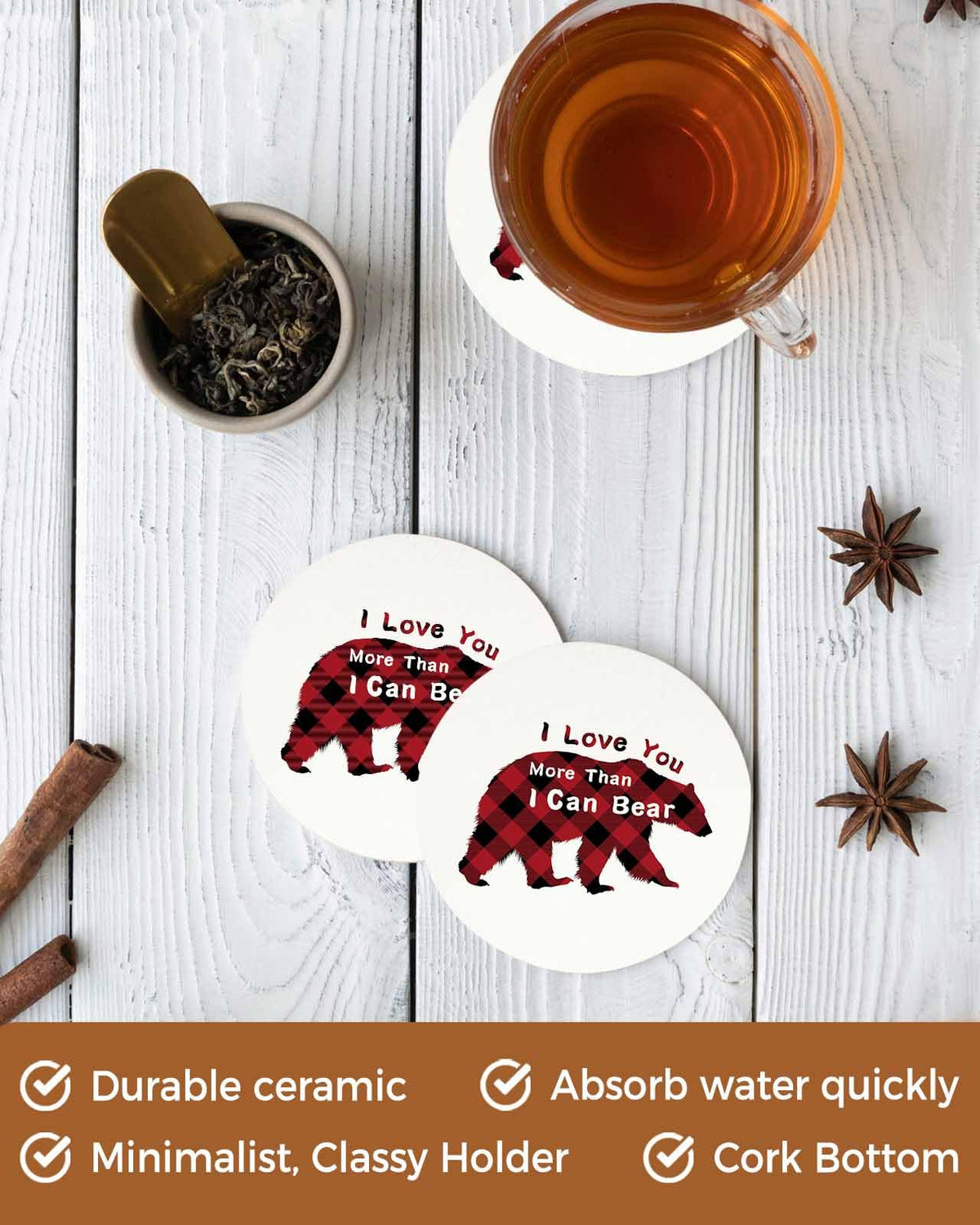 Christmas Bear Ceramic Coasters Set of 6 with Holder X5754