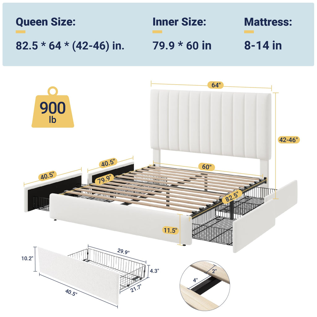 White Velvet Queen Size Storage Bed Frame with 4 Underbed Drawers F4220
