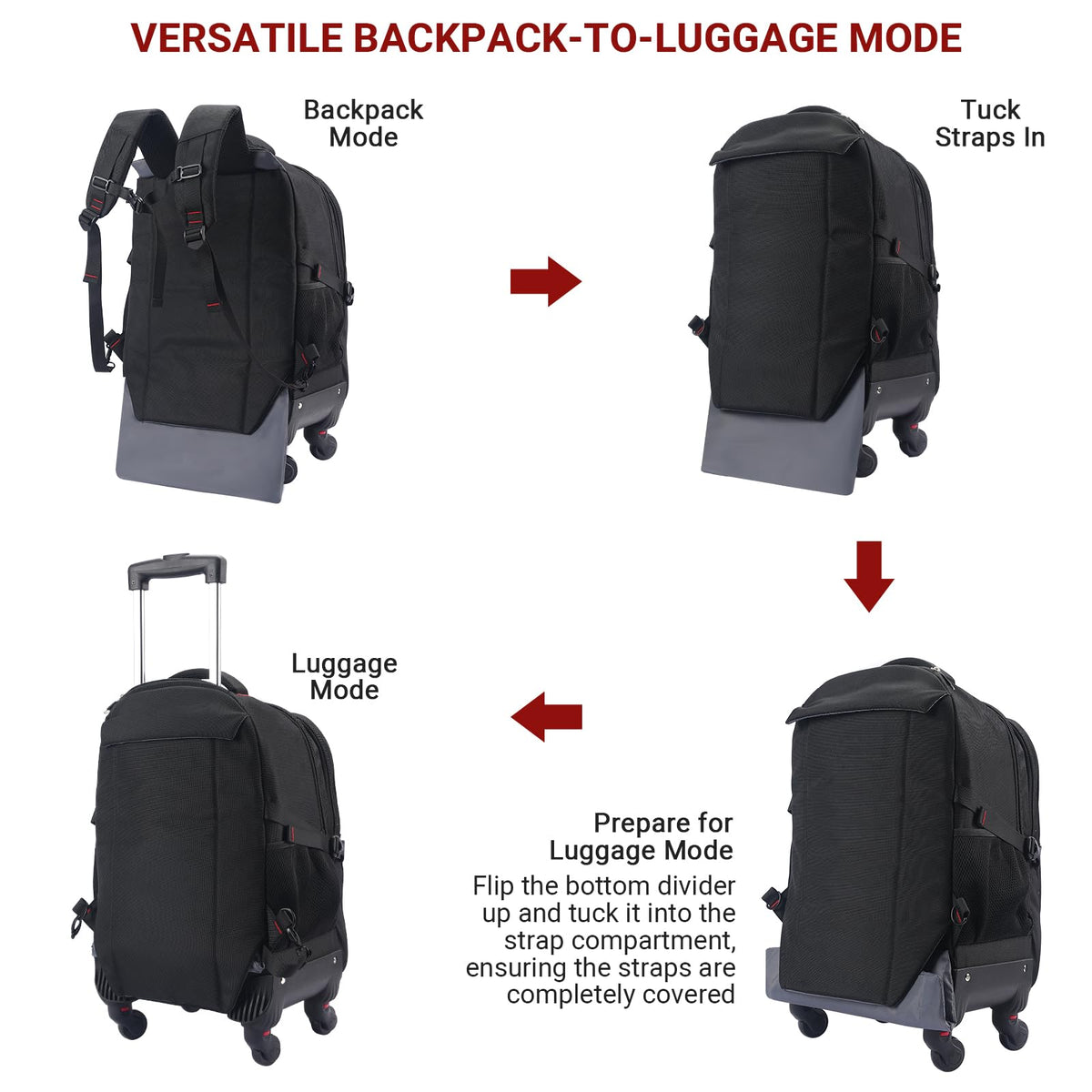 Rolling Backpack with 4 Extra Wheels, Water-Resistant Underseat Travel Luggage Z669