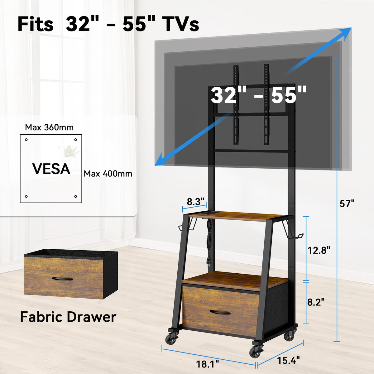 Rolling TV Stand on Wheels for 32-55 Inch TVs Y4115