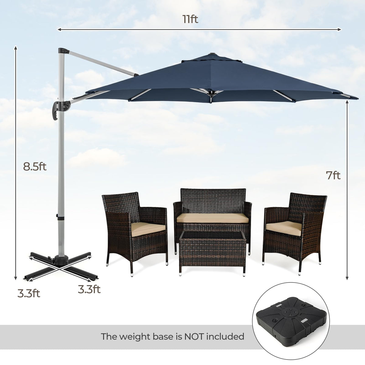 11 FT Cantilever Patio Umbrella with 360° Rotation Z4994
