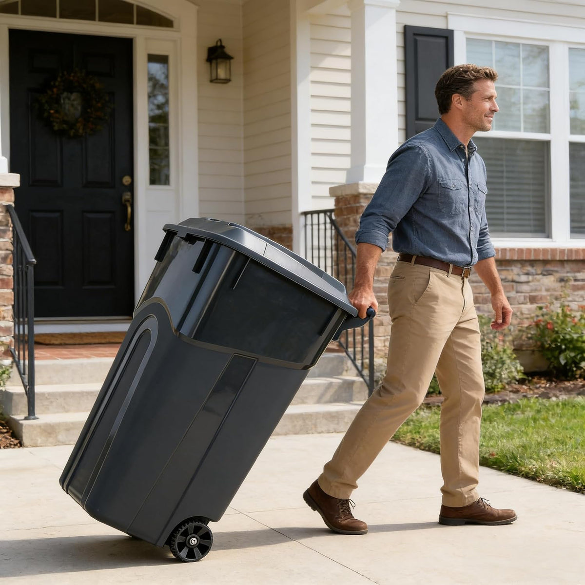 Black 32 Gallon Wheeled Heavy Duty Plastic Trash Can with Attached Lid Y752309