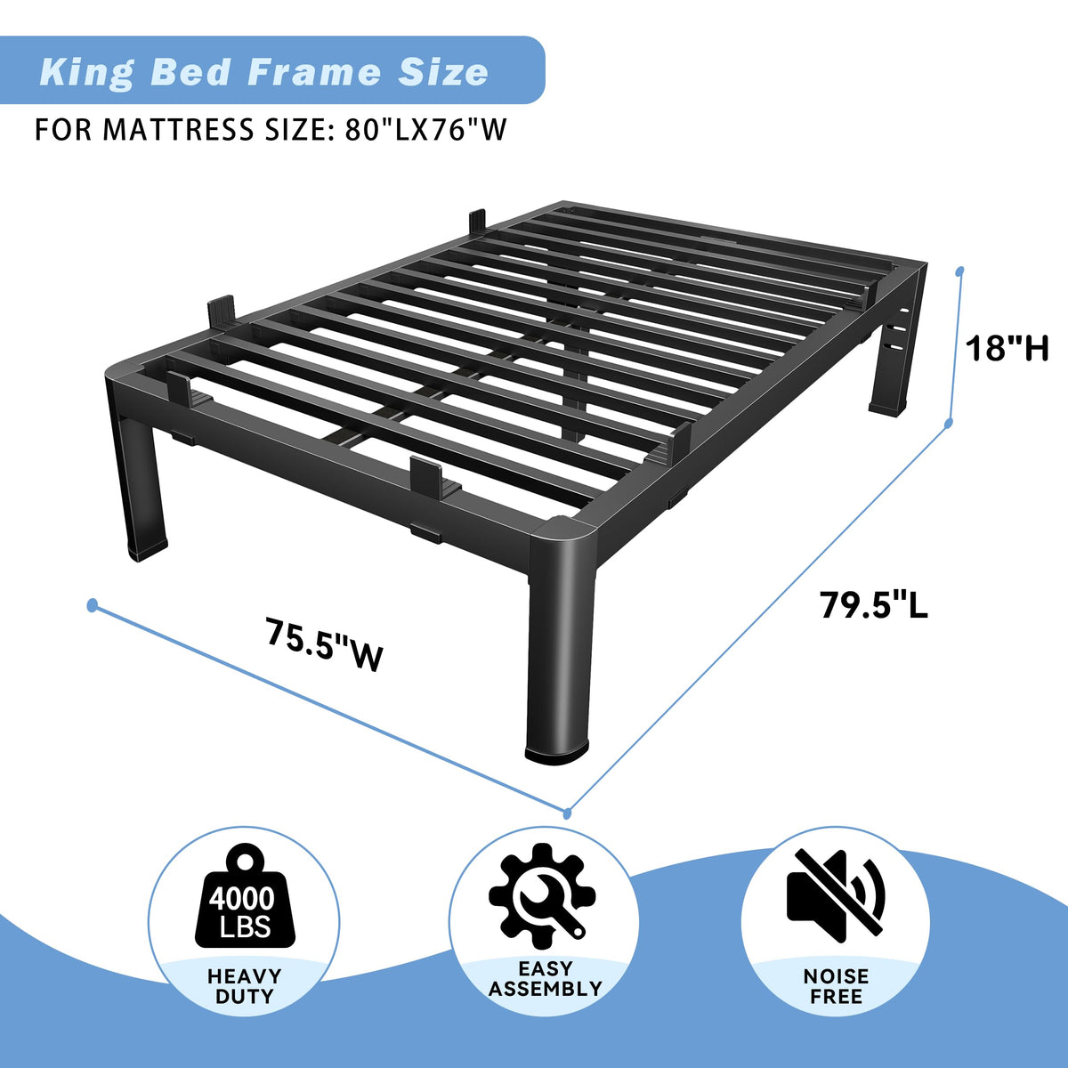 18 Inch Metal King Bed Frame with Steel Support V324
