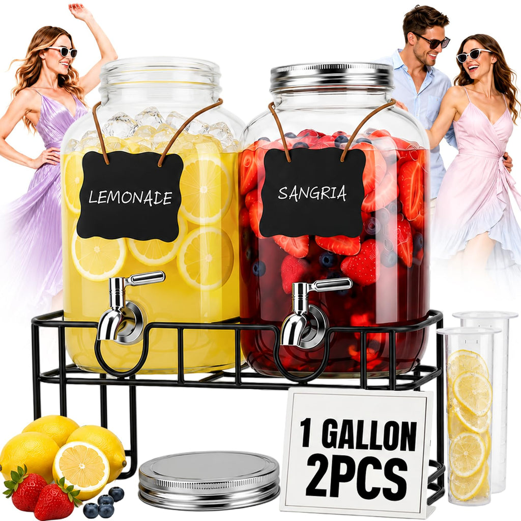 2 PCS 1 Gallon Glass Drink Dispensers with Stand & Fruit Infuser U828