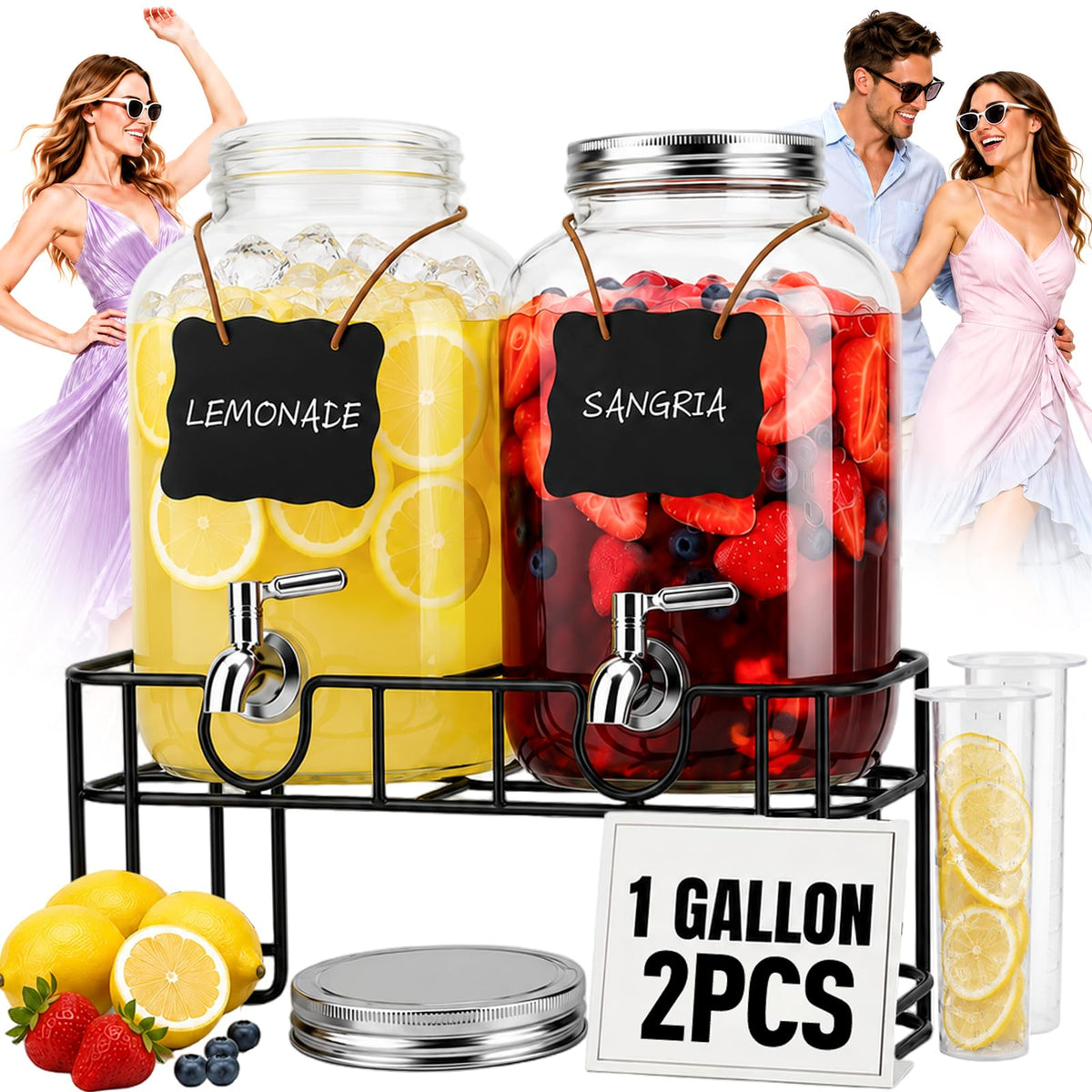 2 PCS 1 Gallon Glass Drink Dispensers with Stand & Fruit Infuser U828