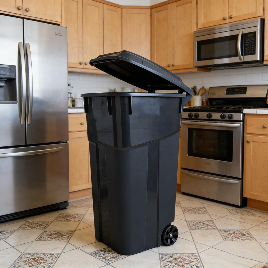 Black 32 Gallon Wheeled Heavy Duty Plastic Trash Can with Attached Lid Y752309