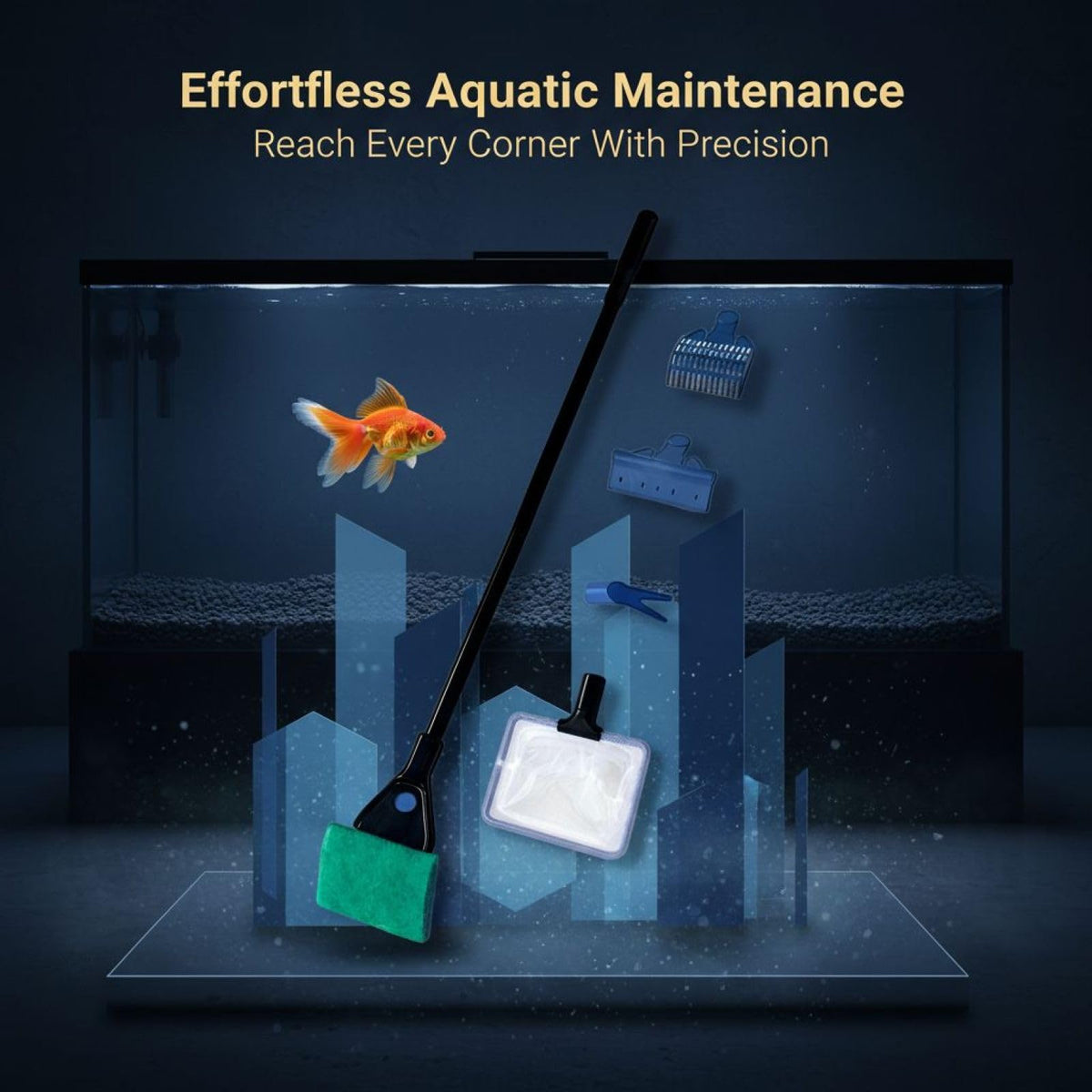 5 in 1 Aquarium Cleaning Kit with Algae Scraper Gravel Rake Fish Net and Brush U62924