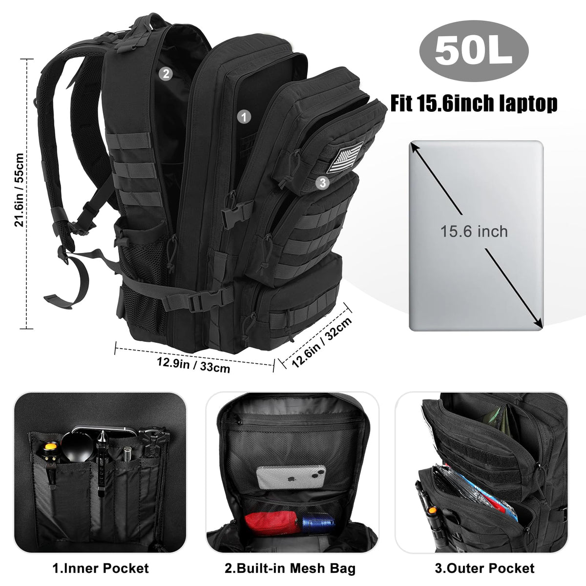 50L Military Tactical Backpack Black X689