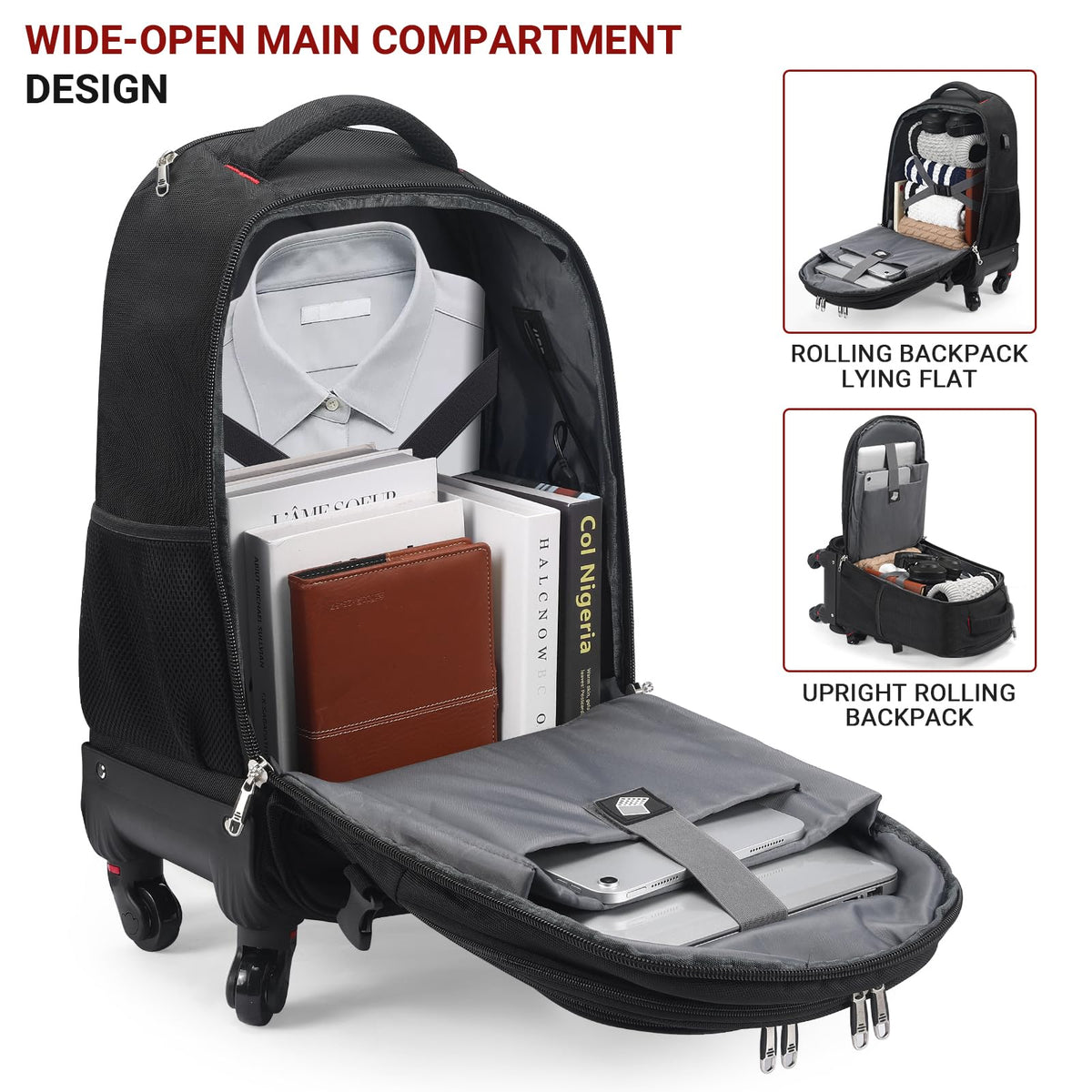 Rolling Backpack with 4 Extra Wheels, Water-Resistant Underseat Travel Luggage Z669