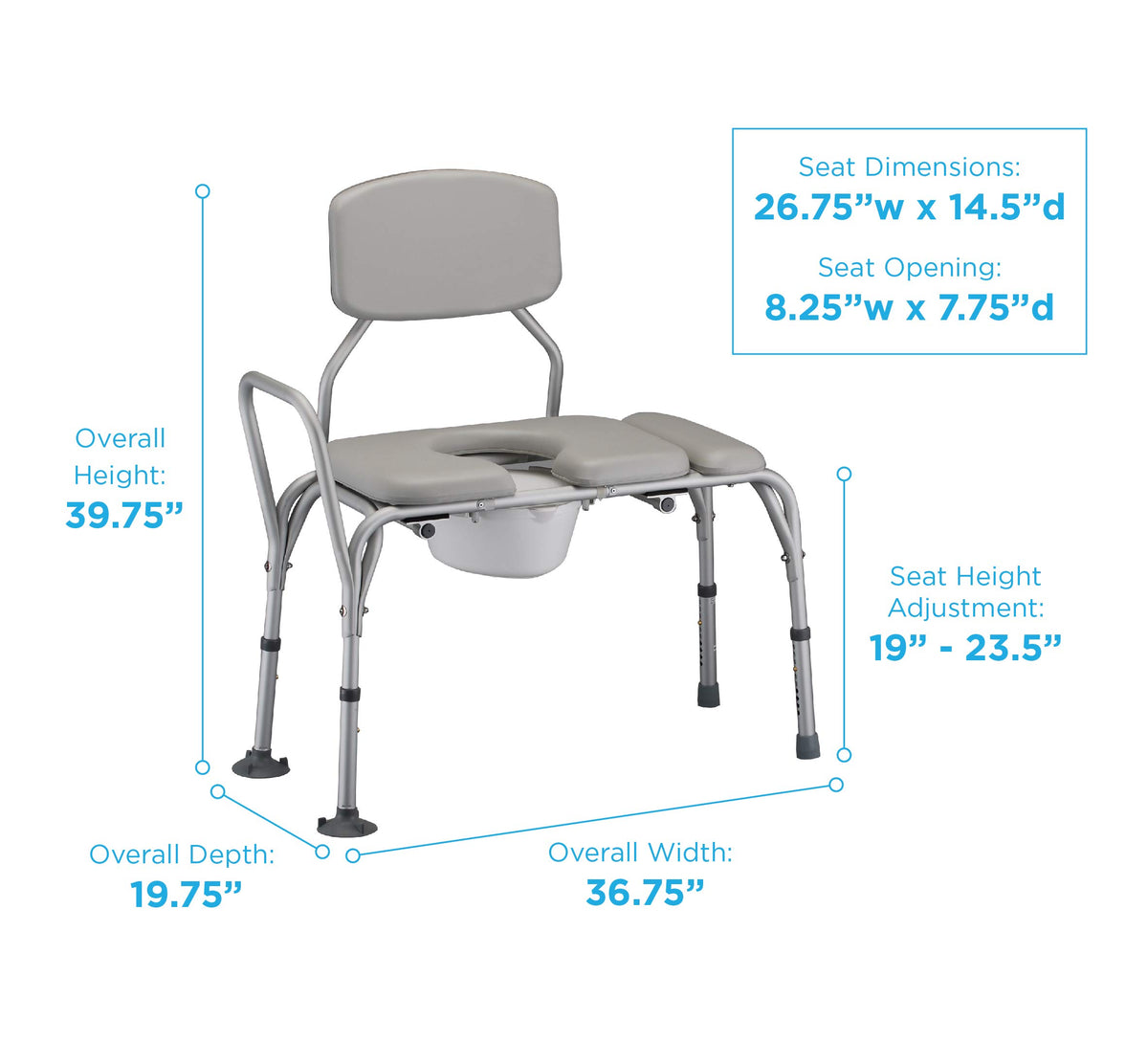 Padded Transfer Bench with Commode, Adjustable Aluminum F1421