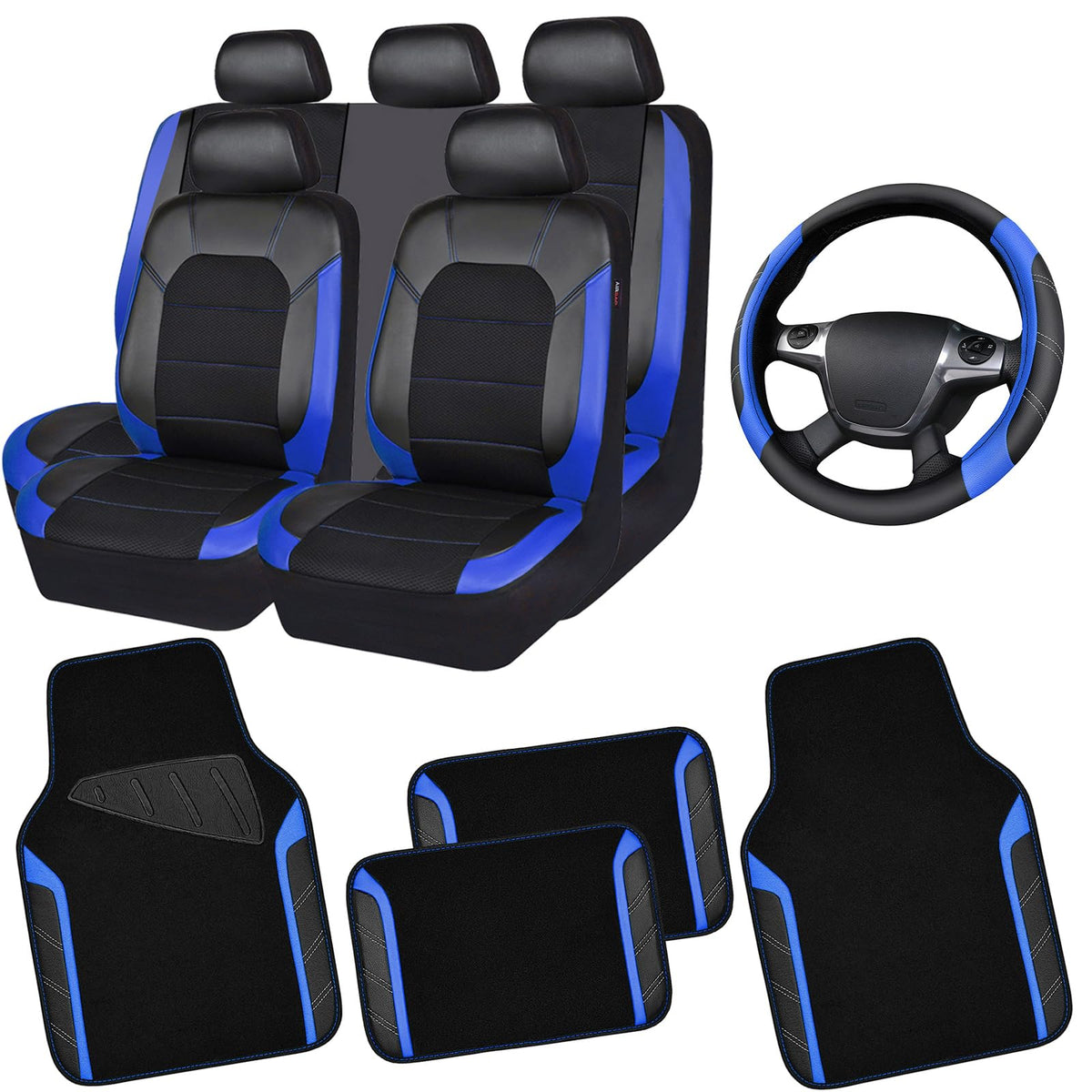 Air Mesh Leather Car Seat Covers Full Set, Waterproof Car Floor Mats, Steering Wheel Cover R973011