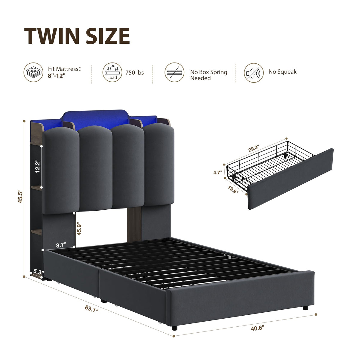 Twin Upholstered Platform Bed Frame with Storage Headboard Z208614
