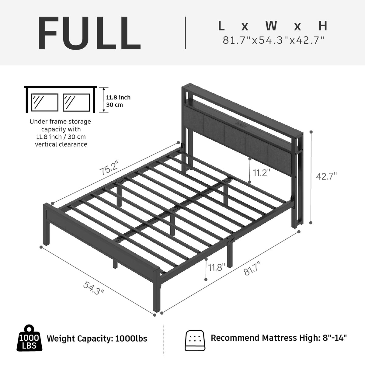 Light Grey Full Size Bed Frame with LED Lights and Charging Station A66334