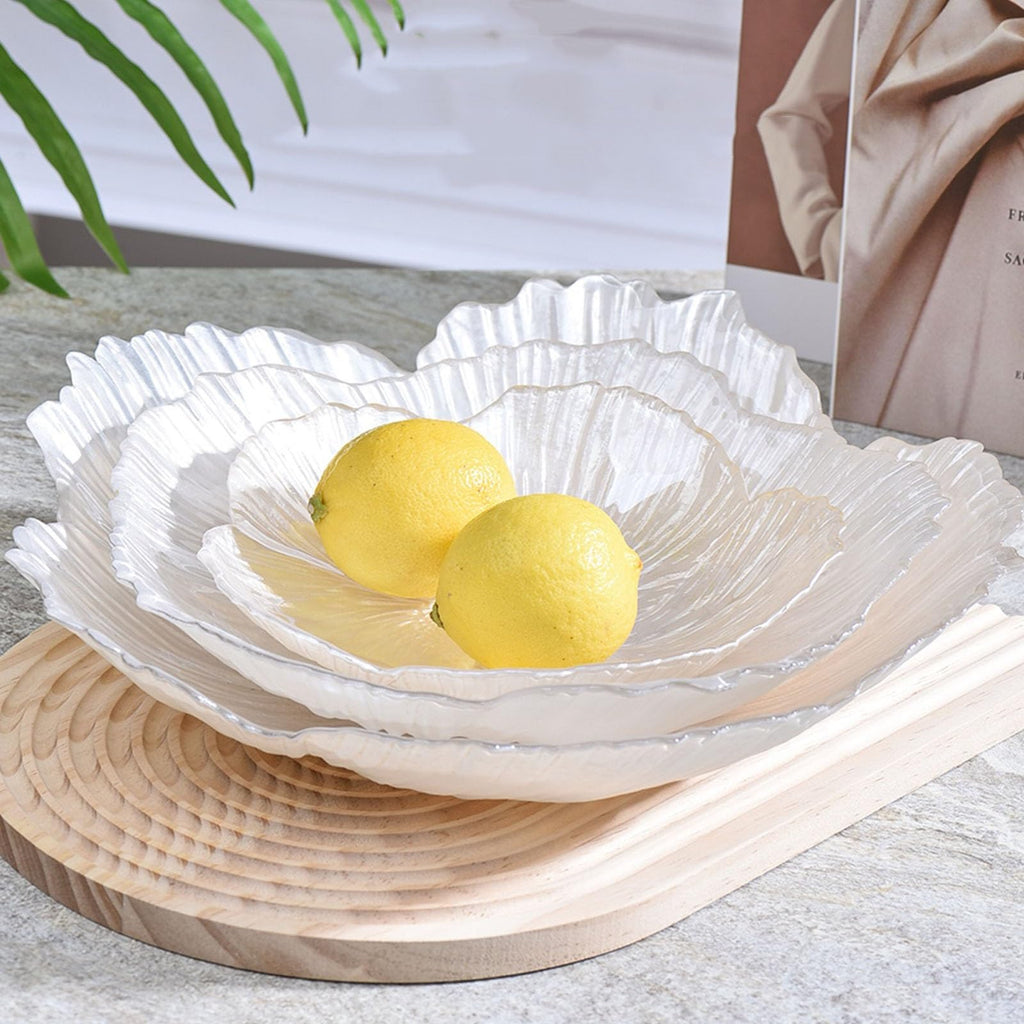 Fruit Bowl Flower Shape Fruit Plate 3 Sets Crystal Glass Pearlescent White W147