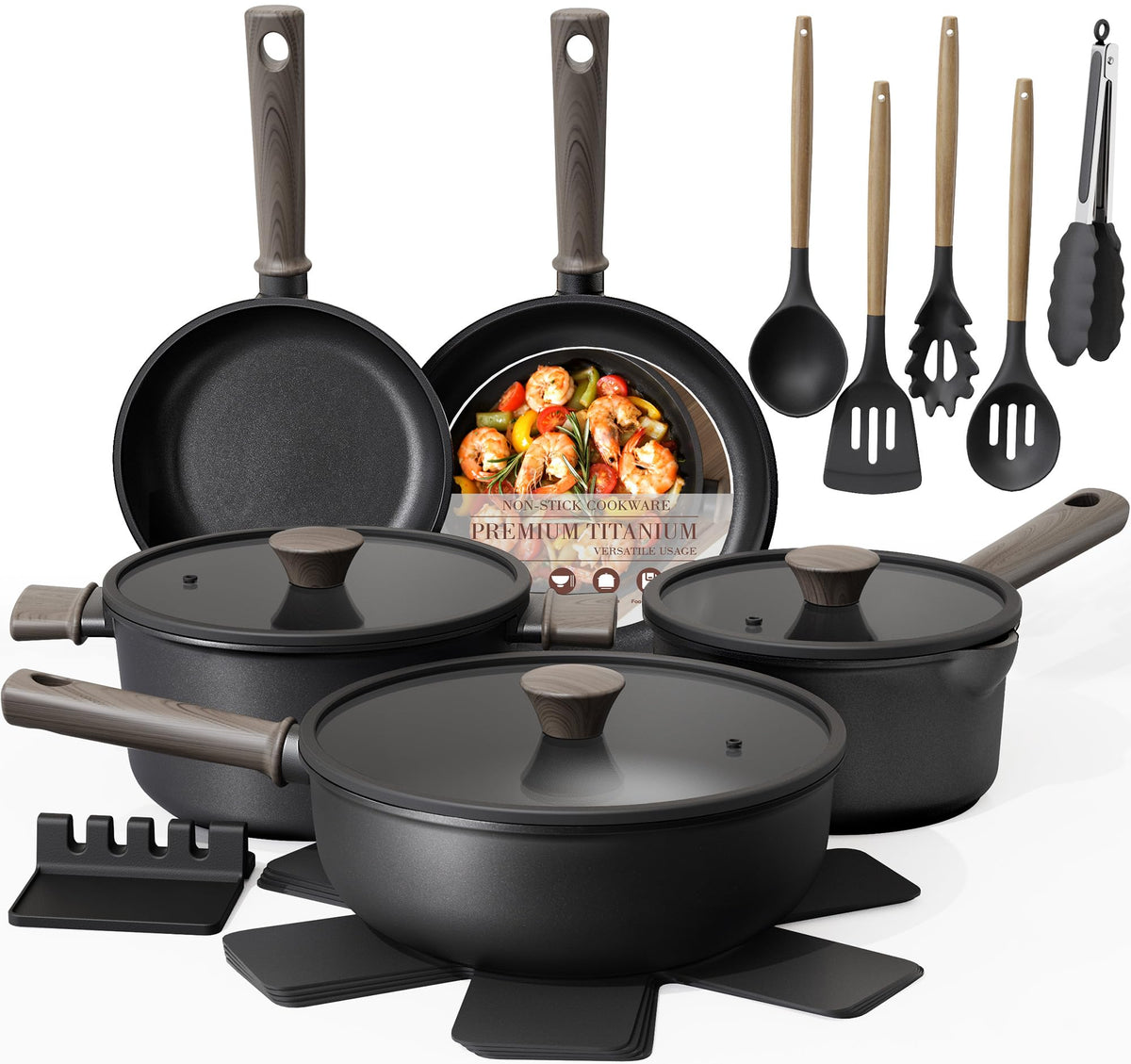 19 Pcs Non Stick Black Titanium Cookware Set G885