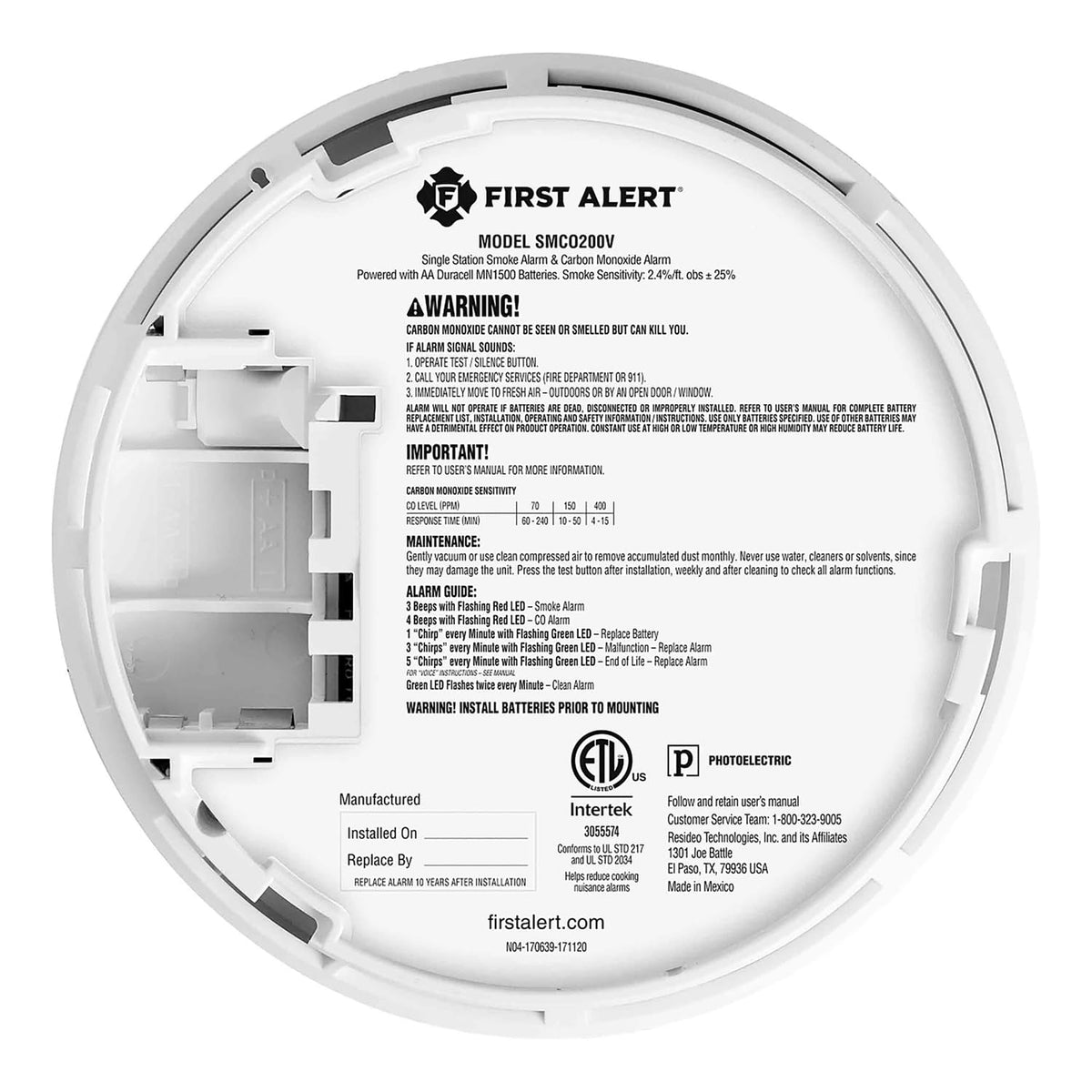 Battery-Powered Photoelectric Smoke and Carbon Monoxide Detector J1765