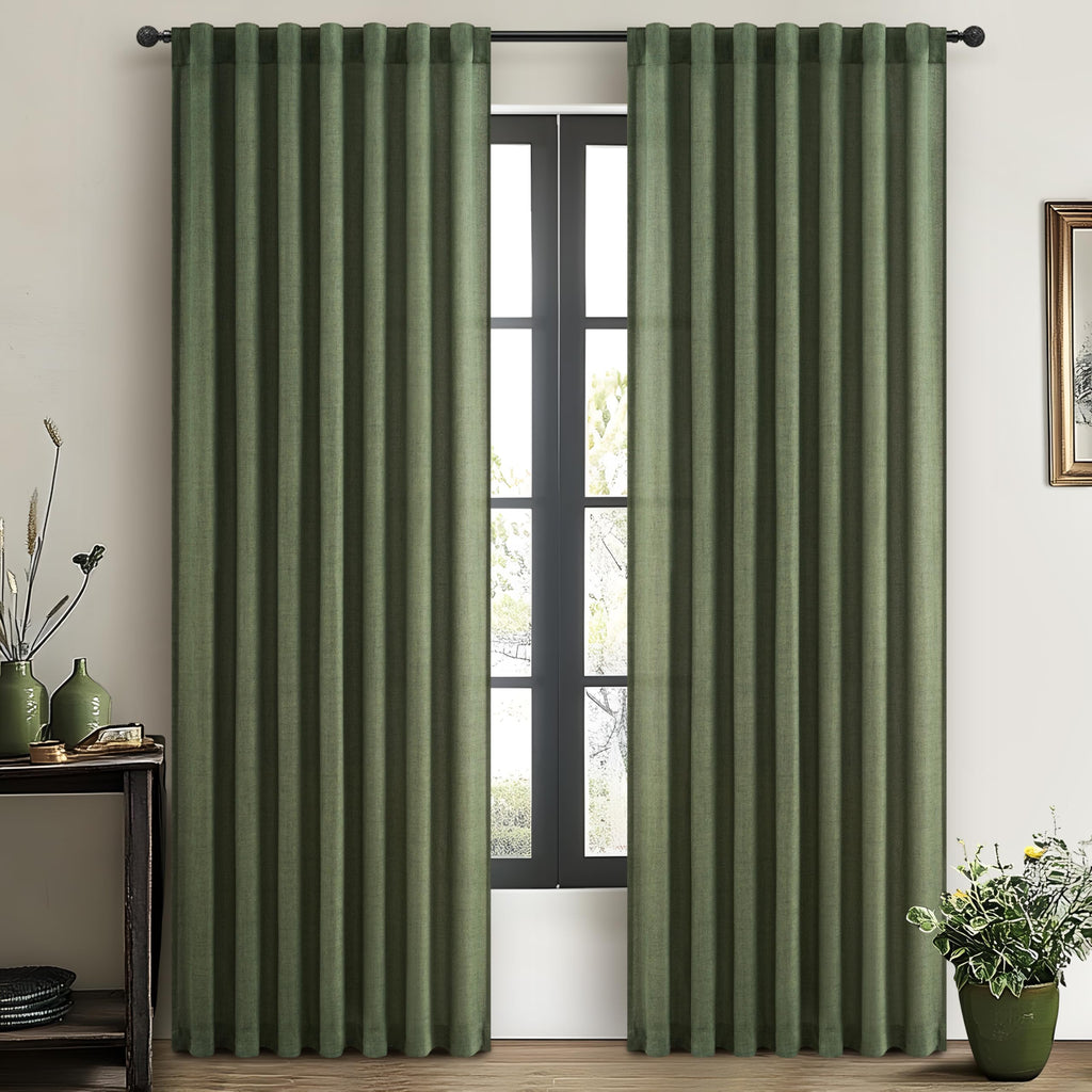Dark Green 96 Inches Long Thick Linen 2 Panels Set Curtains R9873