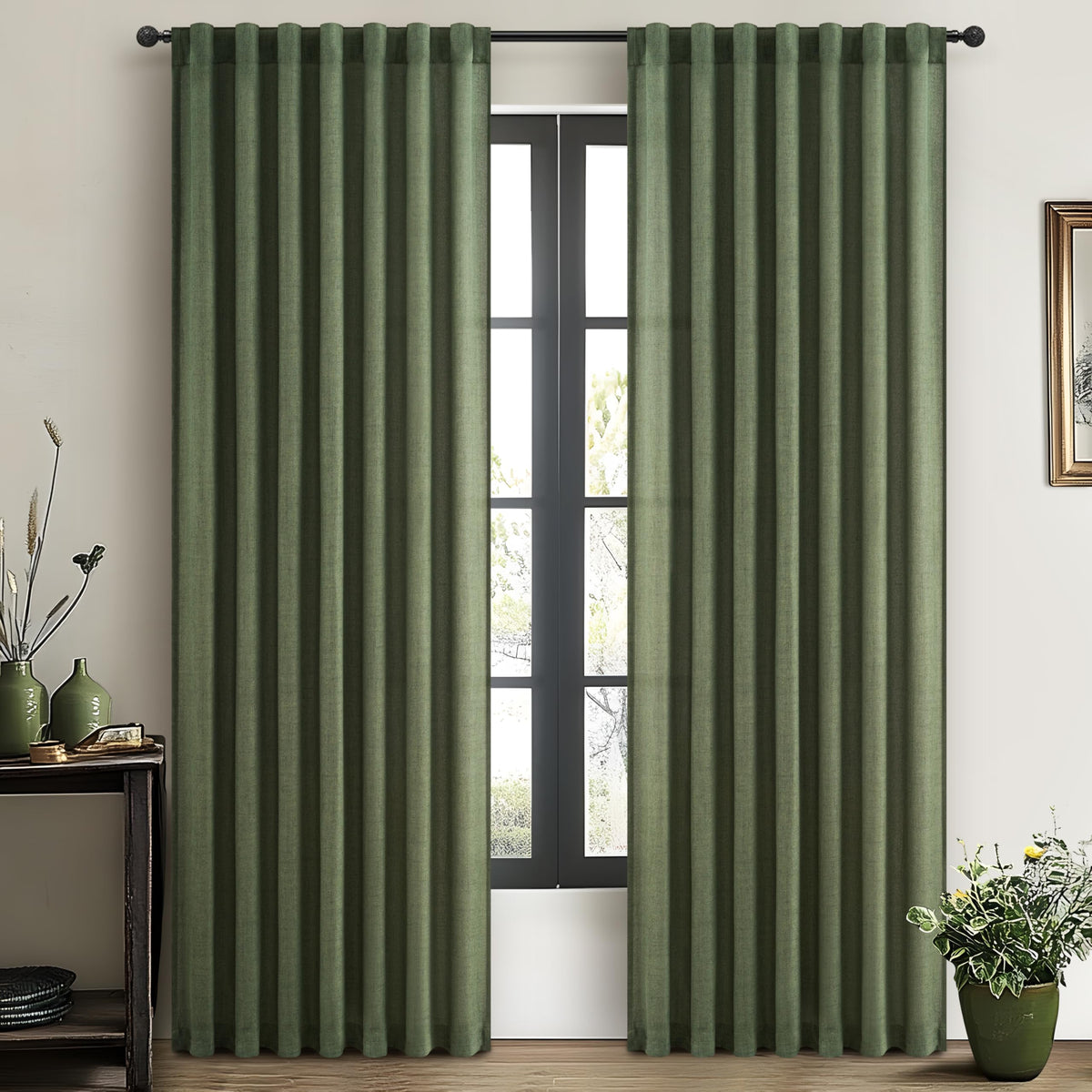 Dark Green 96 Inches Long Thick Linen 2 Panels Set Curtains R9873