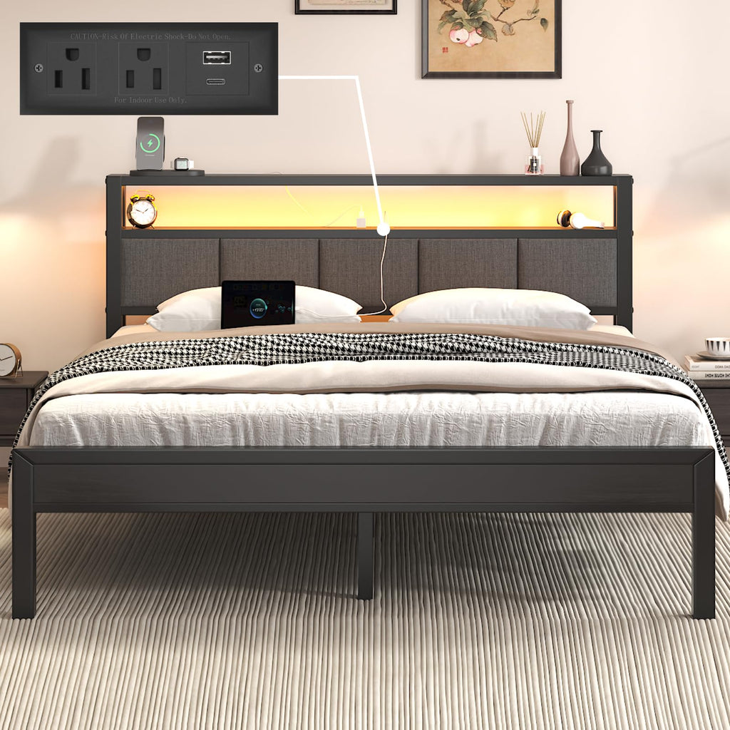 Light Grey Full Size Bed Frame with LED Lights and Charging Station A66334