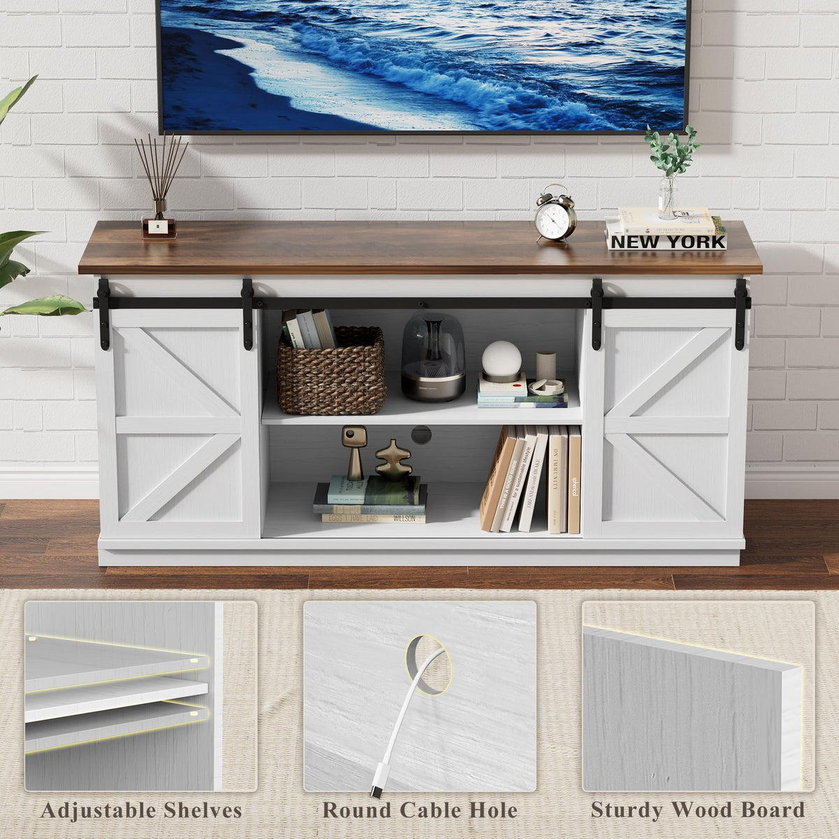 White Farmhouse TV Stand with Sliding Barn Doors V1026