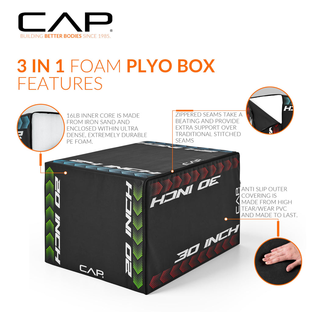 3-in-1 Foam Plyometric Jump Box, 20/24/28-Inch Heights, Black N981794
