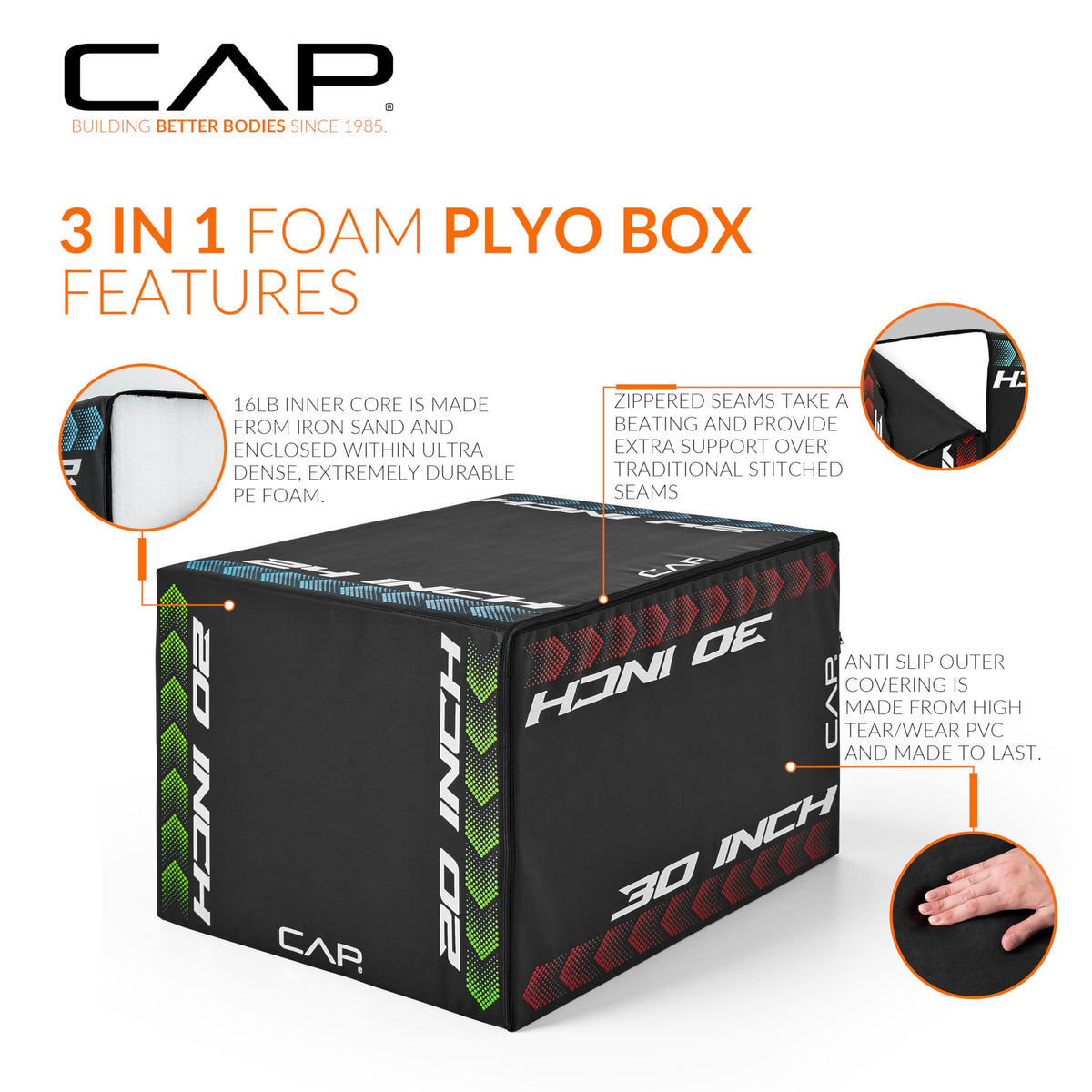3-in-1 Foam Plyometric Jump Box, 20/24/28-Inch Heights, Black N981794
