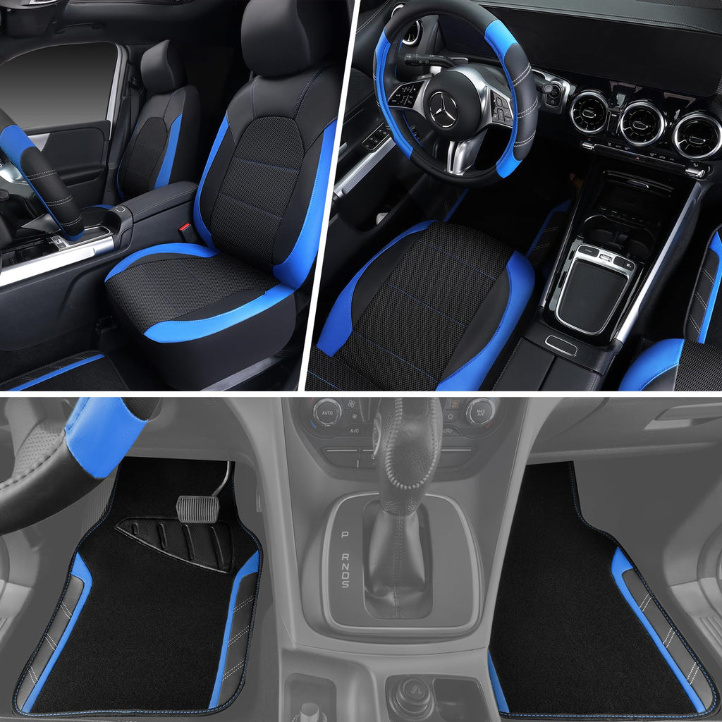 Air Mesh Leather Car Seat Covers Full Set, Waterproof Car Floor Mats, Steering Wheel Cover R973011