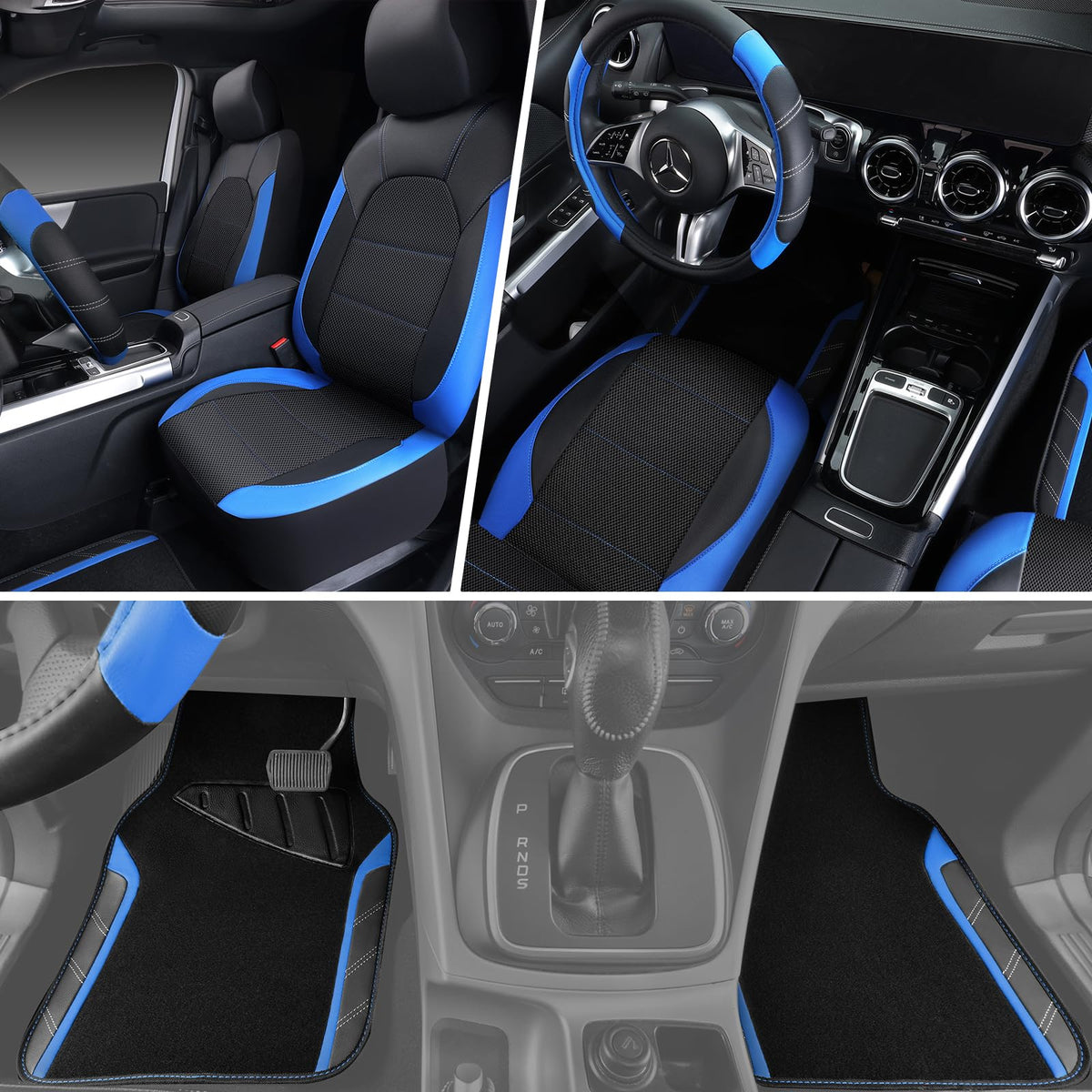 Air Mesh Leather Car Seat Covers Full Set, Waterproof Car Floor Mats, Steering Wheel Cover R973011