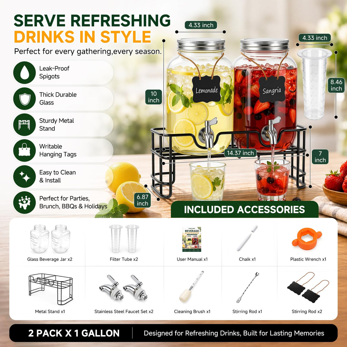 2 PCS 1 Gallon Glass Drink Dispensers with Stand & Fruit Infuser U828