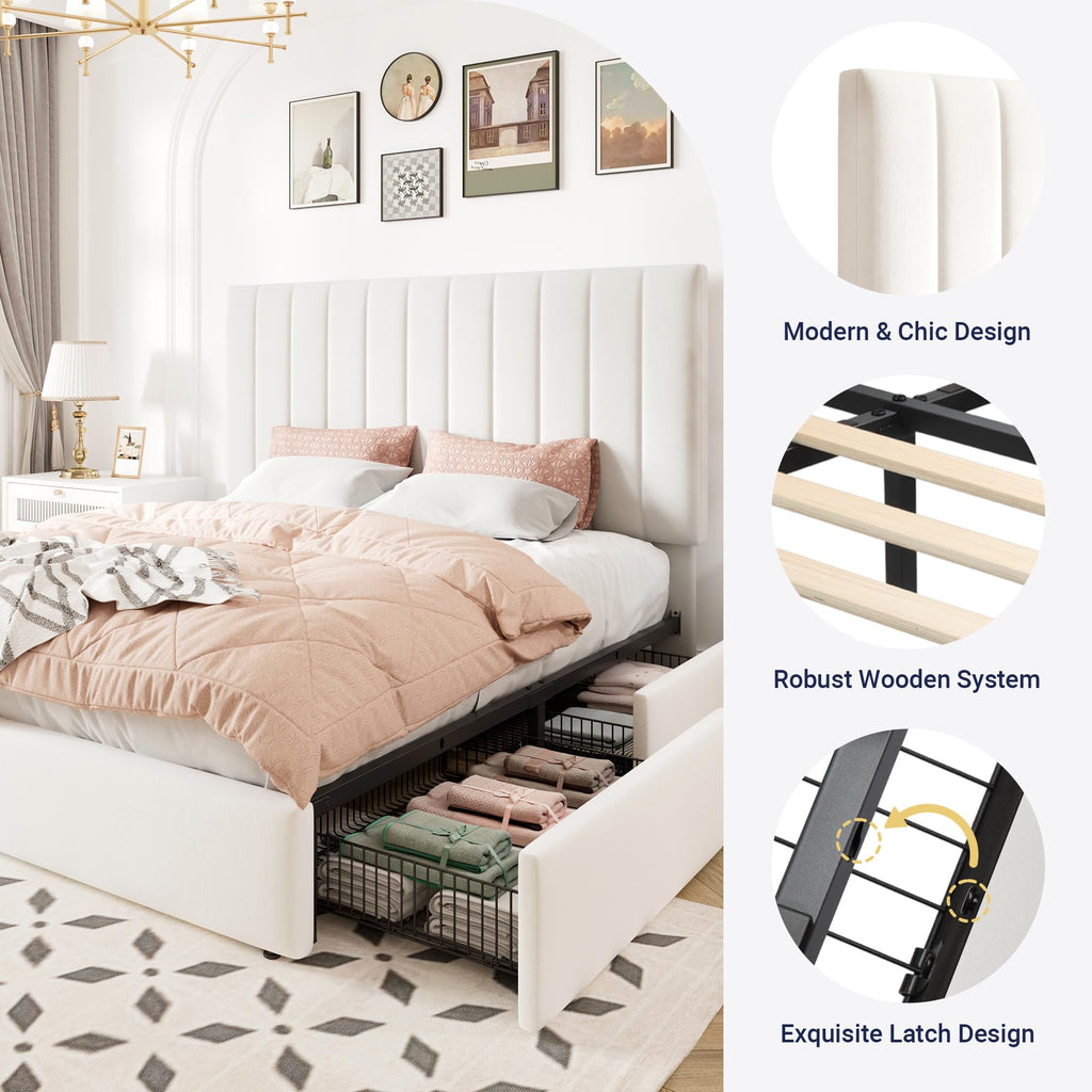 White Velvet Queen Size Storage Bed Frame with 4 Underbed Drawers F4220