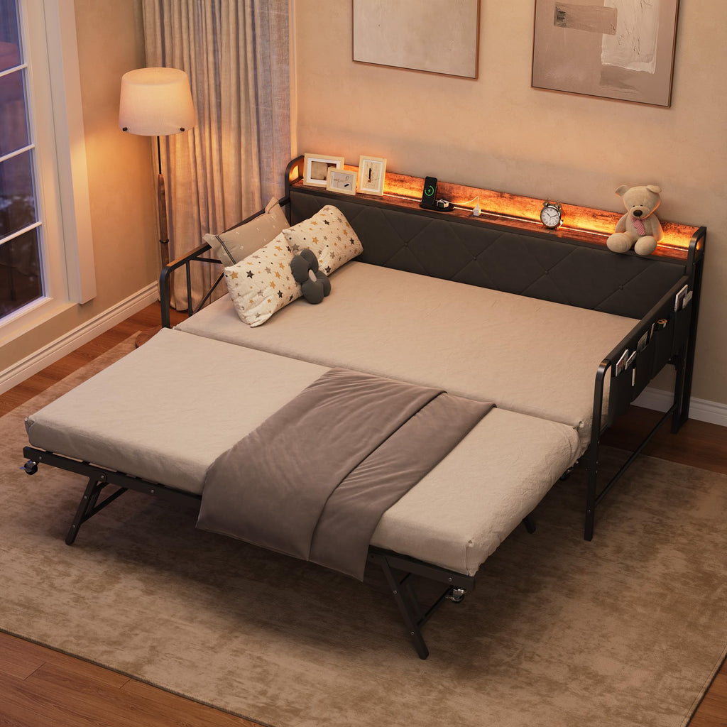 Twin Daybed with Upholstered Headboard and Trundle, Black P16610