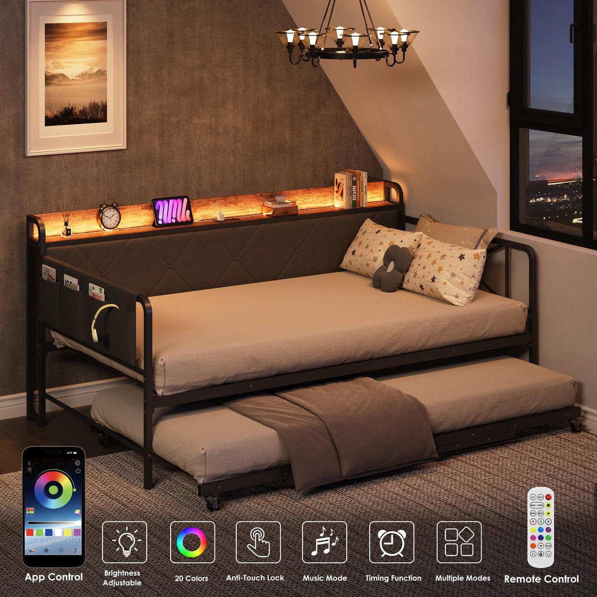 Twin Daybed with Upholstered Headboard and Trundle, Black P16610